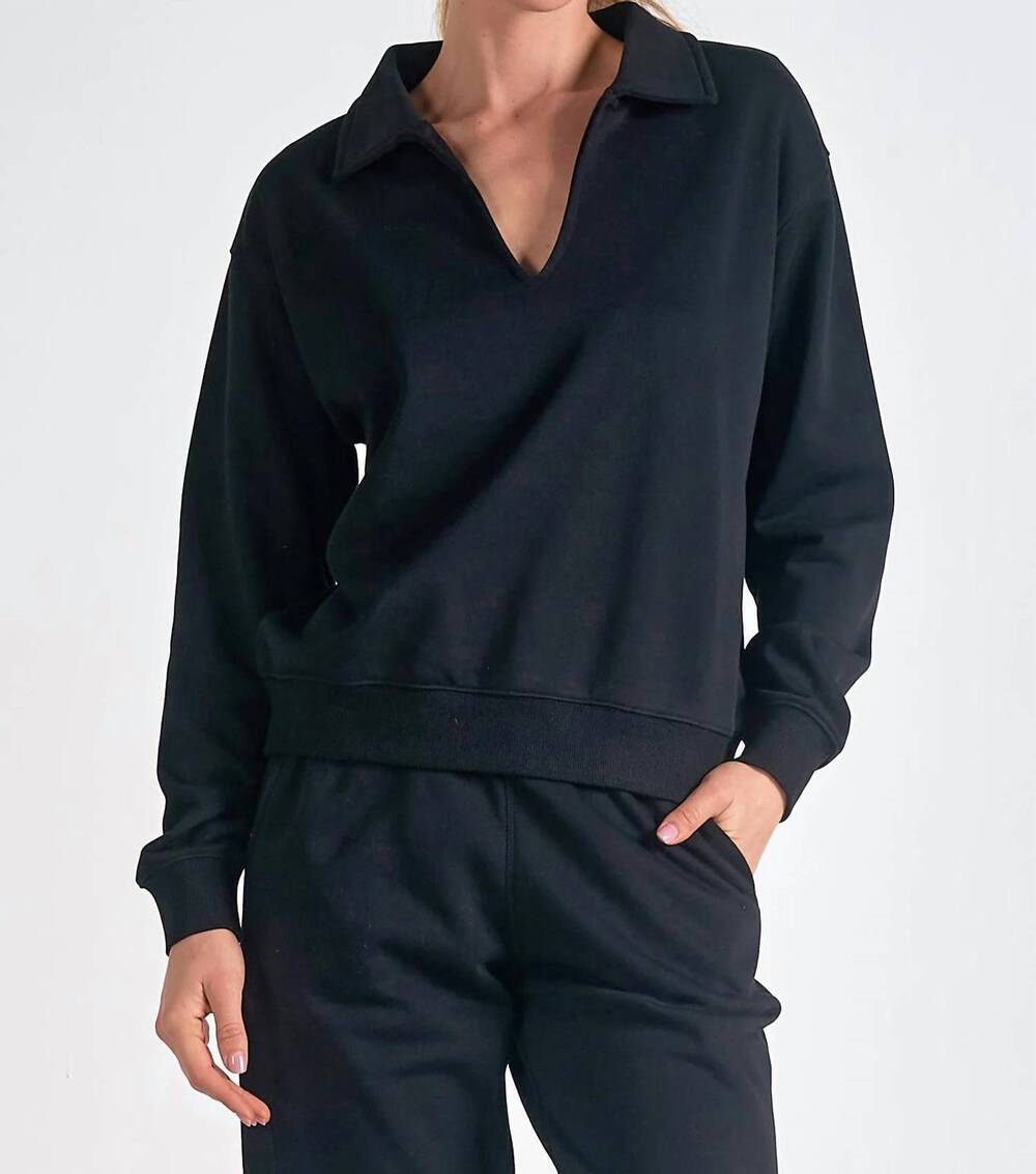 NEW ELAN collared v-neck sweatshirt top in black